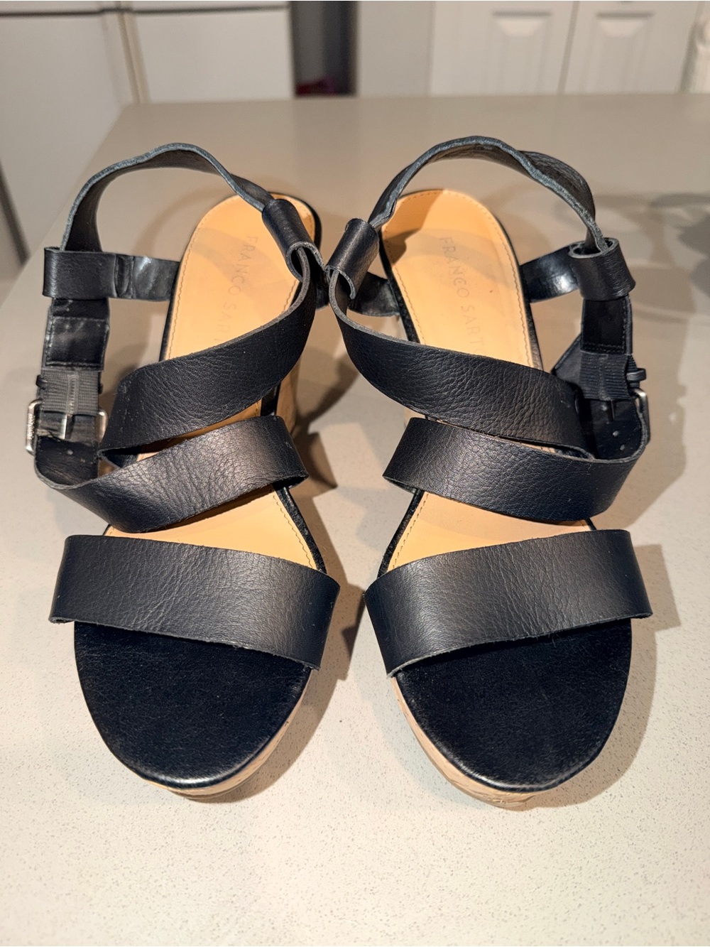 Black Leather Cork Wedge Sandals - size 8.5 - Picture 4 of 6